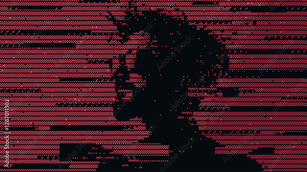 Poster Pixel art of a man silhouette glitch. pixelated video game style. 8-bit computer screen. vector graphics. monochrome background with low details. 