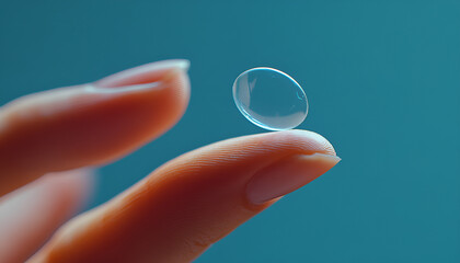 Contact Eye Lenses. Woman Hands With Natural Nails Holding Contact Eye Lens. Closeup Of Girl Finger With Transparent Eyelens On Her Finger