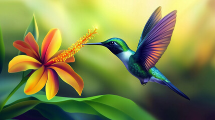 Fototapeta premium Stunning digital painting of a hummingbird feeding on a bright orange flower, blending realism with artistic fantasy