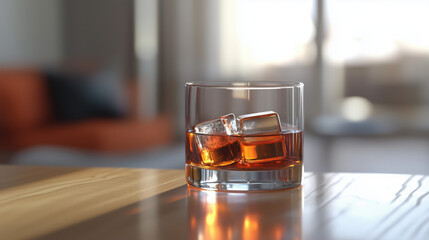 A Corner Shot of a Glass of Bourbon with Ice Cubes, Placed on a Polished Wood Table, Offering Plenty of Open Space for Design Elements, copy space