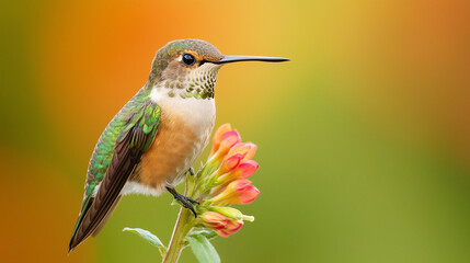 Obraz premium A beautiful hummingbird perched on a flower, with soft orange-green bokeh background, symbolizing elegance and nature’s harmony