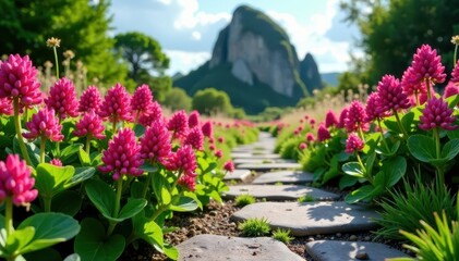 Naklejka premium A cluster of red clover flowers blooming on a stone path leading to a natural rock formation, nature's splendor, earthy tone, botanical interest