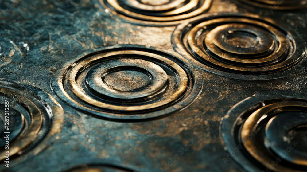 Poster intricate bronze texture with circular patterns and light reflections for creative design