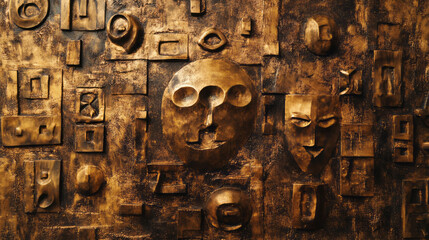 Bronze textured sculpture with carved symbols and abstract faces for artistic wall decor