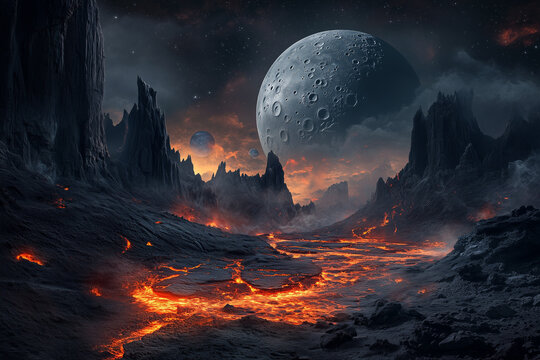 dramatic alien volcanic landscape with dark rocky terrain and red lava cracks, towering jagged cliffs rise under massive moon, multiple planets in sky, concept of sci fi, space exploration, astronomy