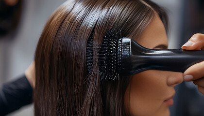 Fototapeta premium Drying long brown hair with hair dryer and round brush. Close-up