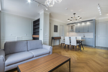 Studio apartment, decorated in a modern style. A living room area with a sofa, and a kitchen set with a dining table. Parquet floor, white walls.