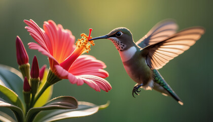 Fototapeta premium Hummingbird hovering near a pink flower, sipping nectar with wings frozen mid-air, symbolizing grace and nature’s harmony
