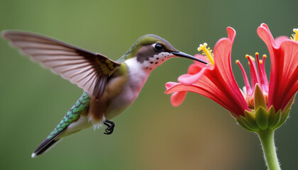 Naklejka premium Hummingbird feeding on a trumpet-shaped red flower, wings in rapid motion, against a soft green background, symbolizing precision and agility