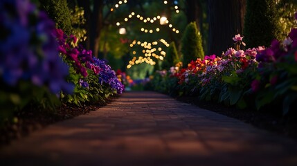 Obraz premium Vibrant Garden Path Lined With Colorful Flowers Under Twinkling String Lights
