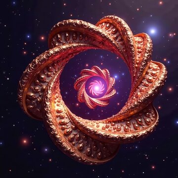 Copper abstract fractal patterns dancing around a deep purple spiral galaxy loop, looping, abstract, cosmos
