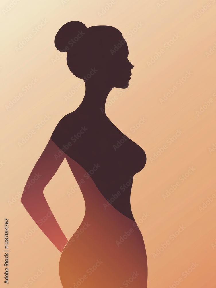 Poster minimalist illustration of a female silhouette with an emphasized waistline on a soft gradient backg