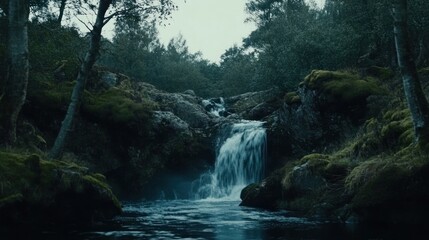 Fototapeta premium Waterfall Cascading Through Mossy Rocks in a Dark, Moody Forest Scene