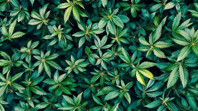 Vibrant green cannabis leaves flourishing in bright sunlight during the afternoon in a lush garden setting