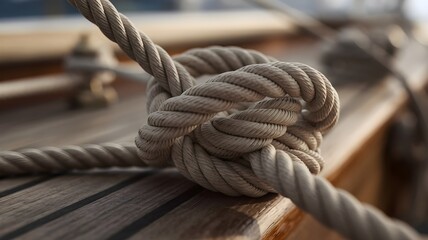 Nautical Knot: A close-up of a thick rope tied in a knot, resting on a wooden boat deck, symbolizing maritime traditions.