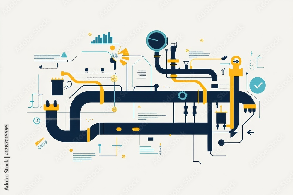 Poster Gas pipeline infographic illustrating flow dynamics and system architecture for energy distribution in modern infrastructure. Generative AI