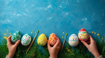 Easter holiday celebration banner with eggs kids hand painting , generated AI