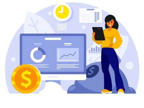 Financial Reasoning Tests. Woman with tablet. Financial statements. Display with reporting on the background of a bag of money. Vector graphics