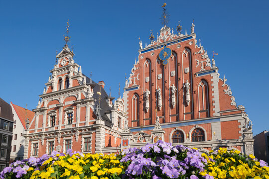 Old Town Hall Square in Riga, Latvia. The medieval building of the House of the Blackheads is in the background.
