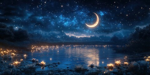 Naklejka premium Enchanted Night Lake: A Serene Moonlit Landscape with Glowing Water Lilies