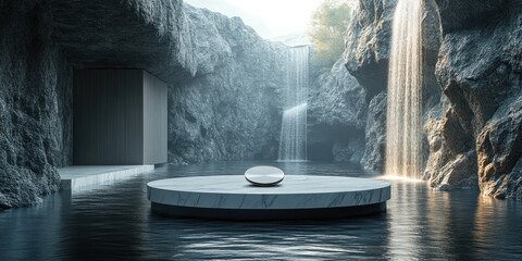 Serene Oasis: Minimalist Sanctuary nestled amidst cascading waterfalls and tranquil waters