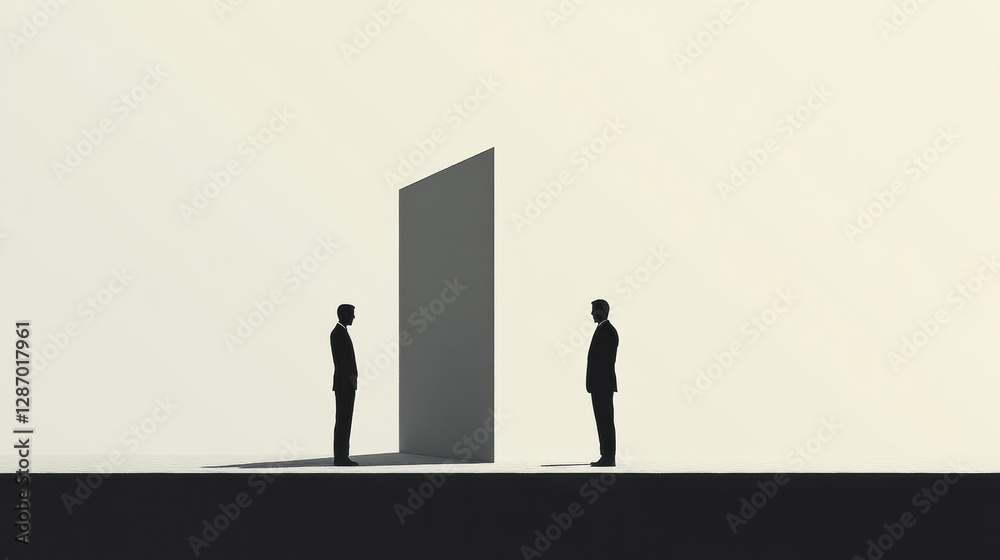 Fototapete Two figures stand facing each other near a large vertical panel in a minimalist setting during daylight. Generative AI