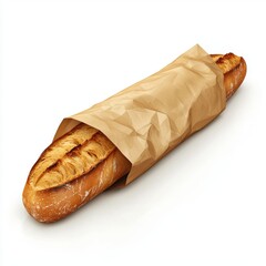 French baguette wrapped in brown paper isolated on white background