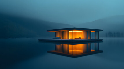 A minimalist home floating on a mirror-like lake with walls made of glowing translucent material.