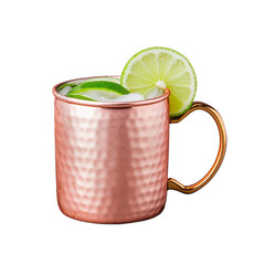 Refreshing cocktail in copper mug with lime and ice on transparent background