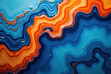 Swirling blue & orange ceramic glaze, abstract texture, graphics, vibrant, surface