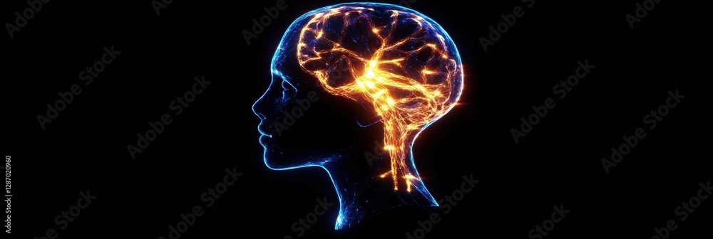 Fototapete a human head profile showcases complex neural networks and vibrant synapses, symbolizing advancement