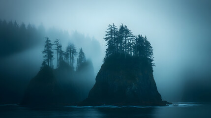 A mysterious fog-covered island with jagged cliffs and a dark forest hidden deep in the ocean.