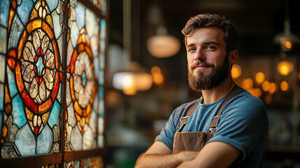 Fototapeta premium Young Man Stands Confidently by a Stained Glass Window in a Warm, Inviting Cafe Atmosphere During the Late Afternoon