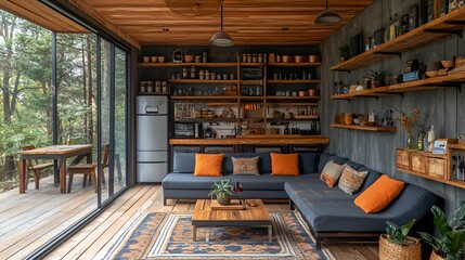 Cozy Modern Living Room With Wooden Accents and Natural Light Near a Lush Forest in a Serene Retreat Setting