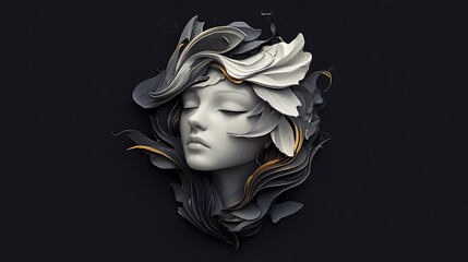 Serene 3D Render: Sculptural Woman's Face Adorned with Abstract Floral Elements AI Generated