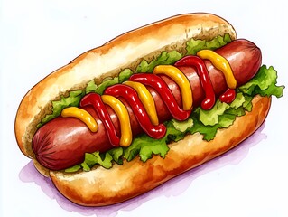 Delicious Hot Dog Served in a Fresh Bun Topped With Mustard and Ketchup Along With Fresh Lettuce
