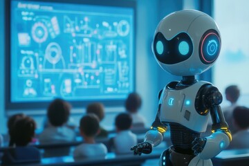 Robotic instructor engages curious students during an interactive technology class in a modern learning environment