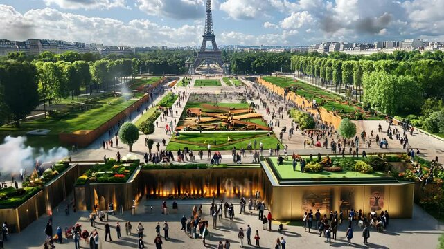 Crowd enjoying a sunny day at a vibrant park near iconic landmark in Paris