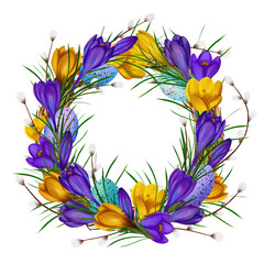 Round Easter wreath, frame with yellow and purple crocuses, willow vines, colorful eggs, green branches. Watercolor digital illustration. For decoration, textiles, wallpaper, wrapping paper, postcards
