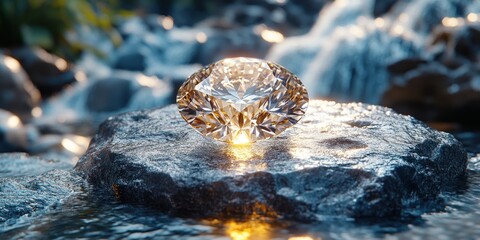 Diamond Jewel in Nature's Embrace: A Sparkling Gem Resting on a Rock by a Gentle Stream