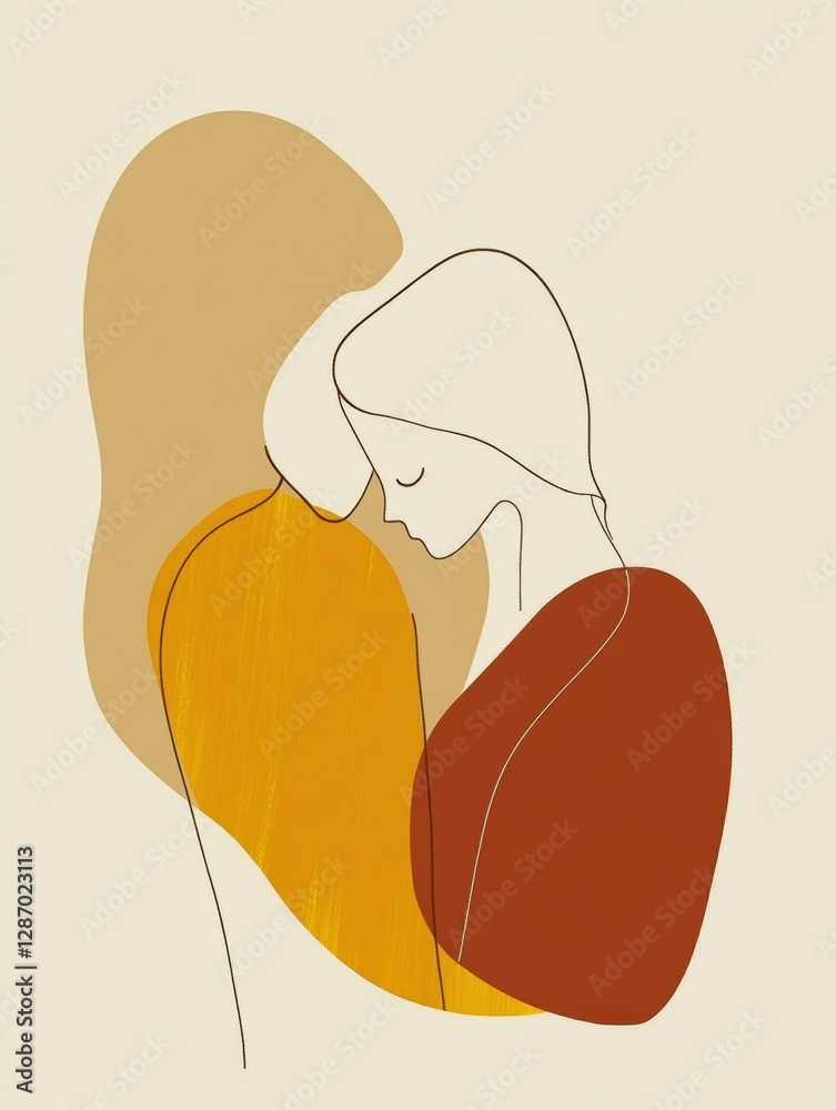 Poster minimalist illustration capturing two figures embracing in a warm and serene manner. generative ai