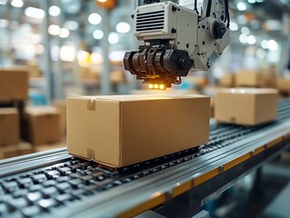 Advanced Robotic Arm Handling Parcels on a Conveyor Belt in a Busy Warehouse During Daytime Operations