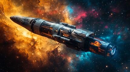 Obraz premium Spaceship Travels Through a Vibrant Cosmic Nebula Filled With Colors and Stellar Formations Amidst the Vastness of Space