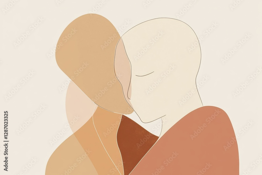 Poster minimalist illustration of two people embracing in a warm and intimate moment indoors during a quiet