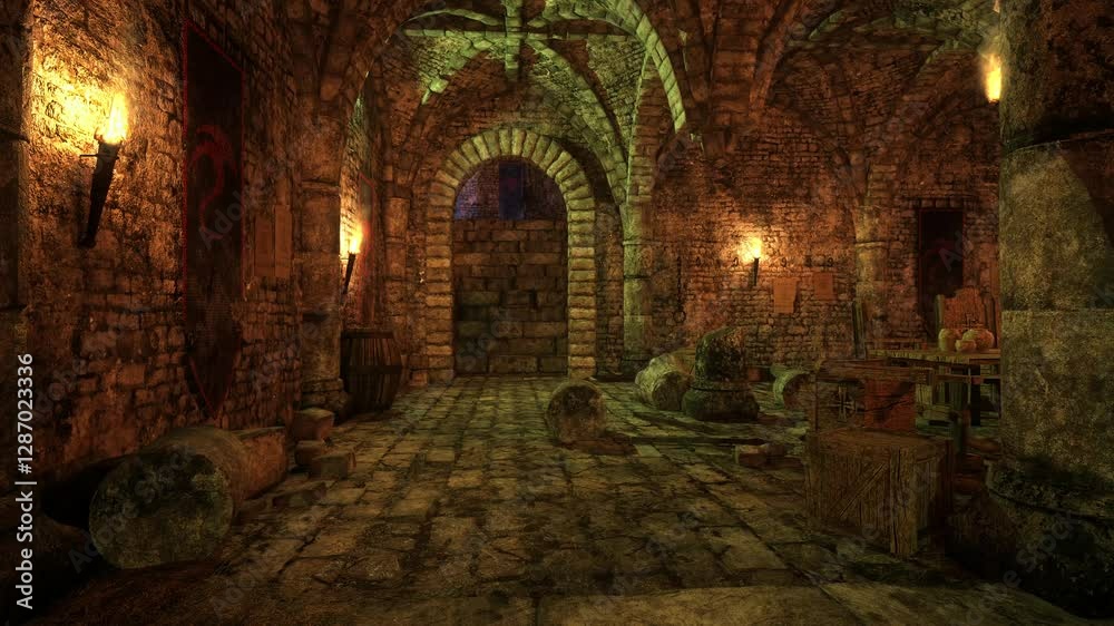 Poster 3d animation of an old medieval castle dungeon with fire torches on the walls
