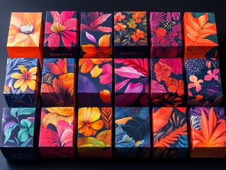 Colorful Floral Packaging Designs Arranged in an Artistic Display on a Dark Surface During Daylight