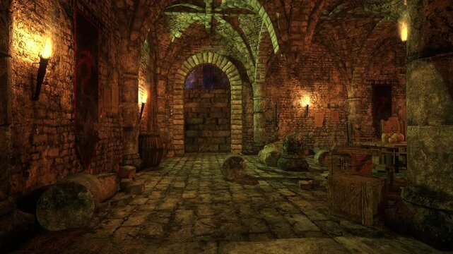3D animation of an old medieval castle dungeon with fire torches on the walls