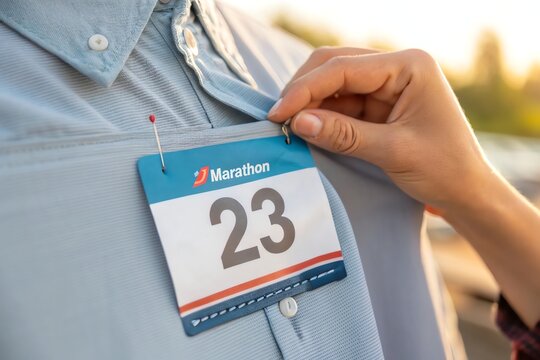 Close-up of a hand pinning a marathon bib with number 23 onto a person's shirt outdoors. - Powered by Adobe