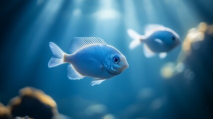 Blue Fish Swimming Gracefully in a Serene Underwater Environment Illuminated by Soft Rays of Sunlight Filtering Through the Water Surface