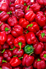 Many of red bell pepper on the counter in the grocery store. Close-up image
